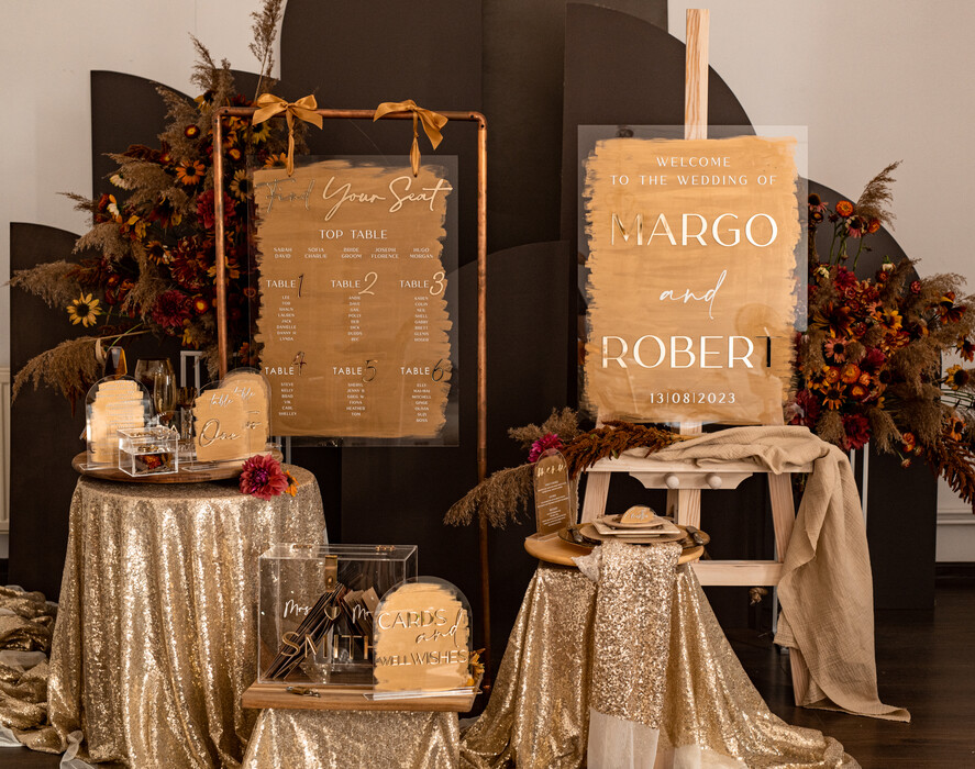 Menu glamour nowoczesna forma karty dań na weselu, akrylowe menu weselne, stojąca karta dań, menu weselne w stylu glamour, plan podawania posiłków, złote menu weselne 7