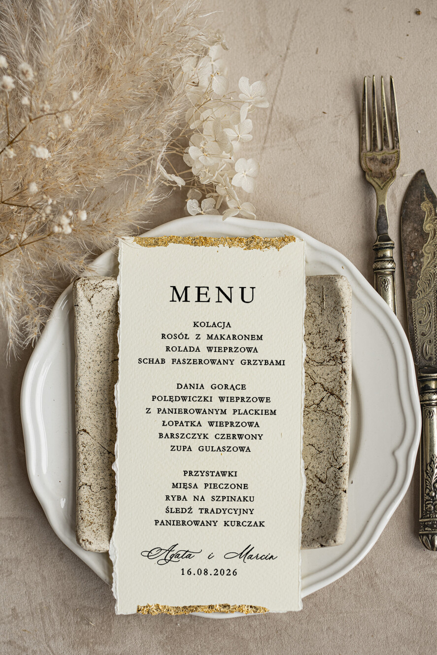 Menu glamour weselne menu karta potraw weselnych, złote i eleganckie na klasyczne wesele, menu weselne z płatkami złota, karta dań weselnych z dartymi brzegami0