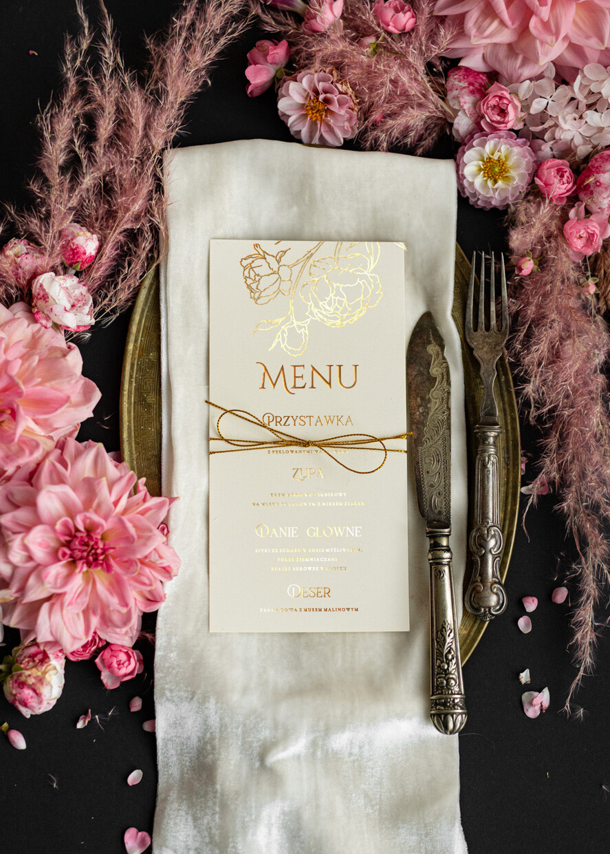 Menu glamour karta dań weselnych menu weselne plan podawania posiłków, glamour złote litery wasza treść0