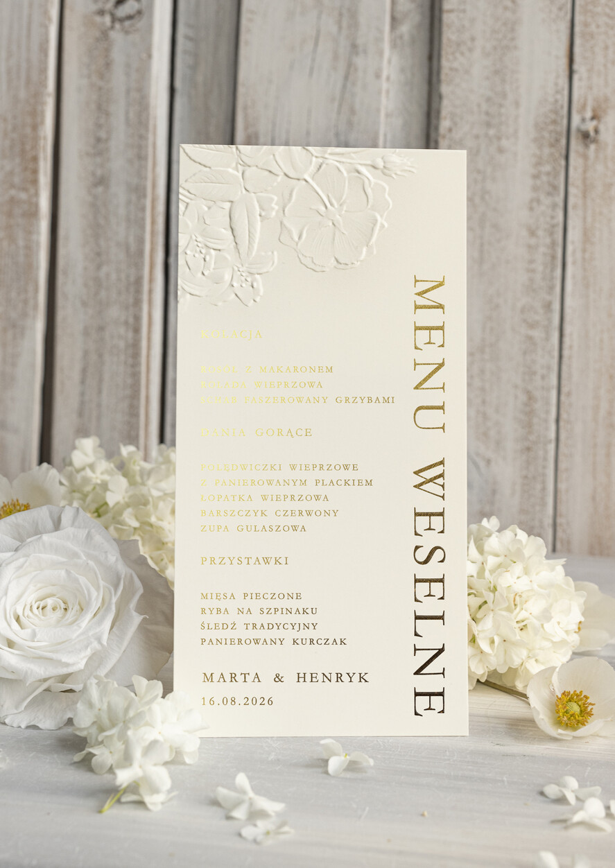 Menu glamour weselne menu karta potraw weselnych, złote i eleganckie na klasyczne wesele, menu weselne z tłoczonymi kwiatami, karta dań weselnych 0