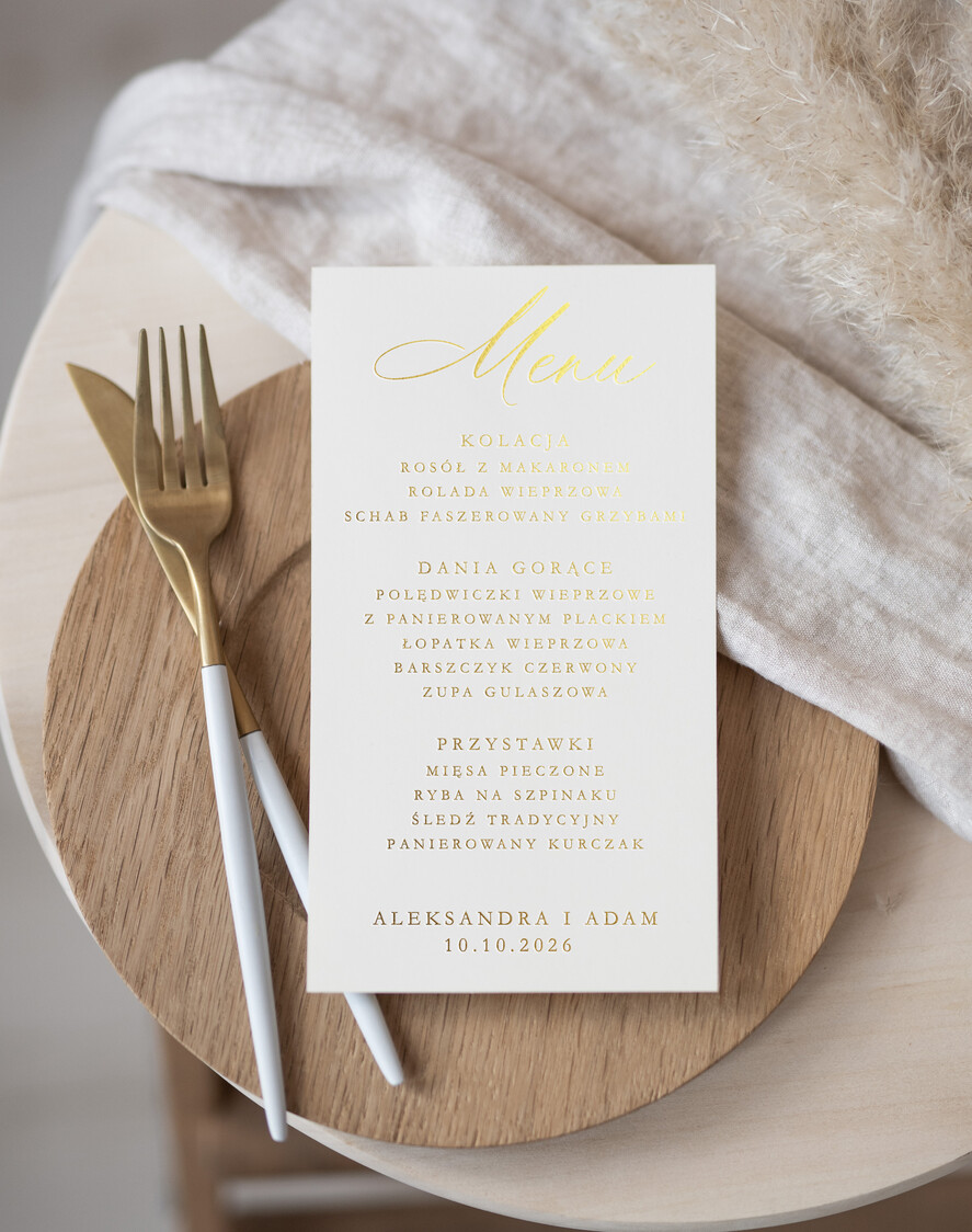 Menu glamour menu weselne na stoły karta dań weselnych, zlocone napisy dowolna treść, menu na stół weselny1