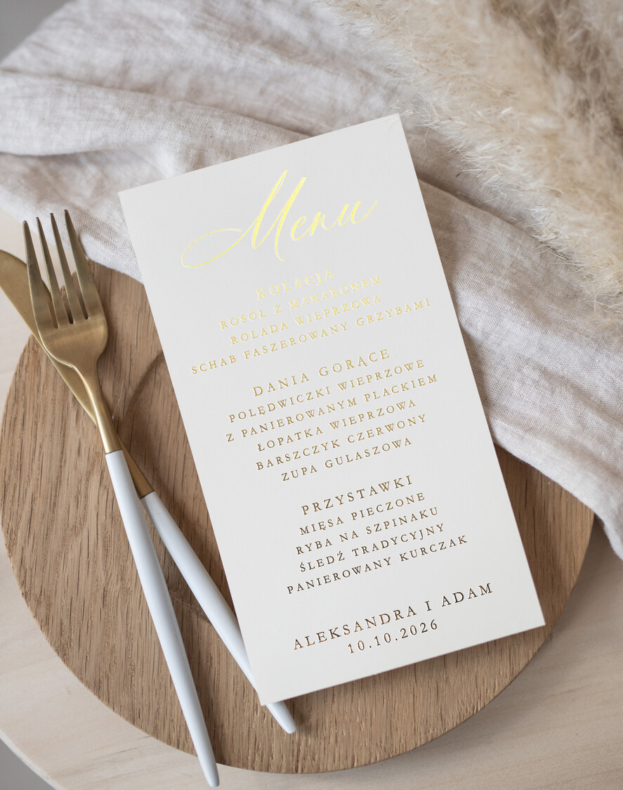 Menu glamour menu weselne na stoły karta dań weselnych, zlocone napisy dowolna treść, menu na stół weselny0
