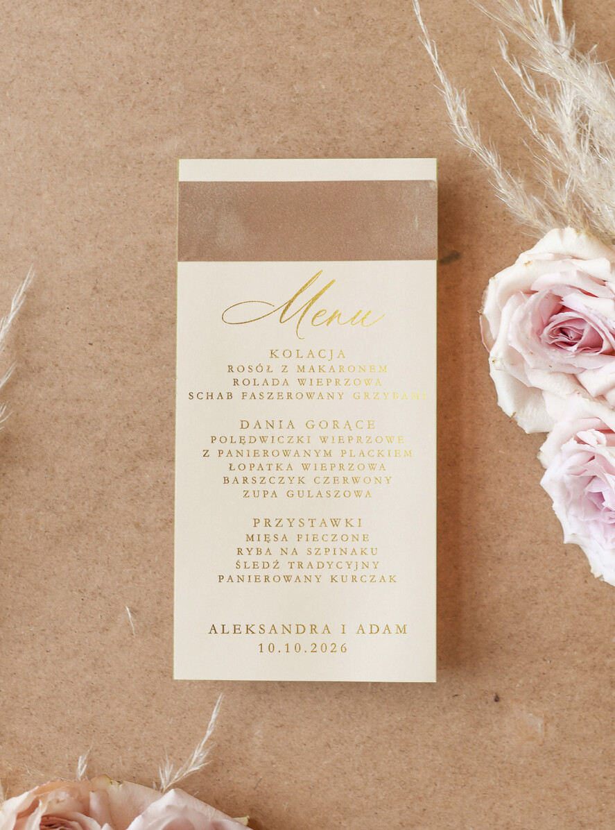 Menu glamour menu weselne plan podawania posiłków na weselu, glamour złote litery wasza treść0