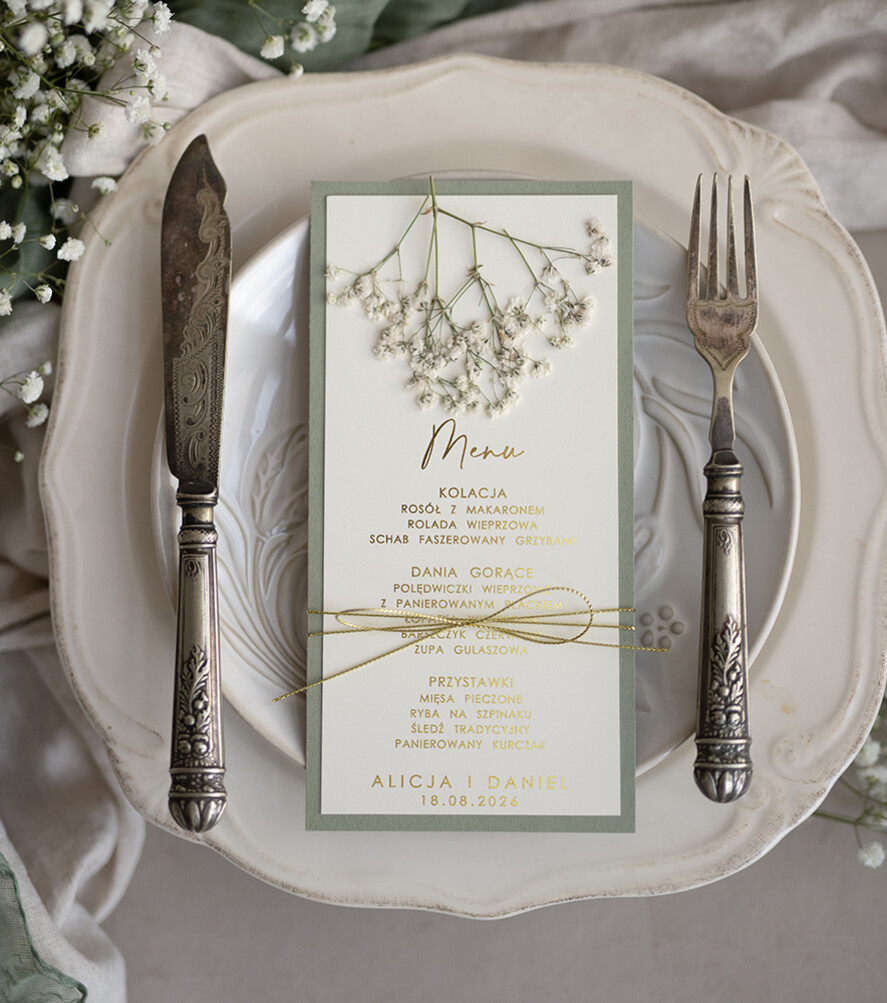 Menu botaniczne podróżnicze menu weselne z suszoną gipsówką, menu na stoły weselne karta potraw weselnych, karta dań na weselu z suszonymi kwiatami0