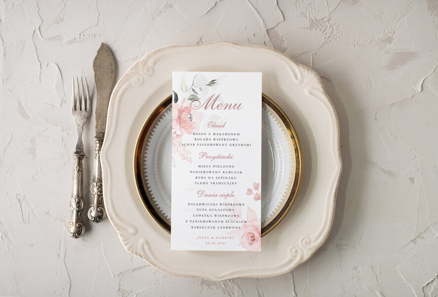 Menu botaniczne podróżnicze Menu weselne, delikatne i proste menu ślubne, plan podawania posiłków na weselu, karta dań weselnych, eleganckie menu na stoły weselne0