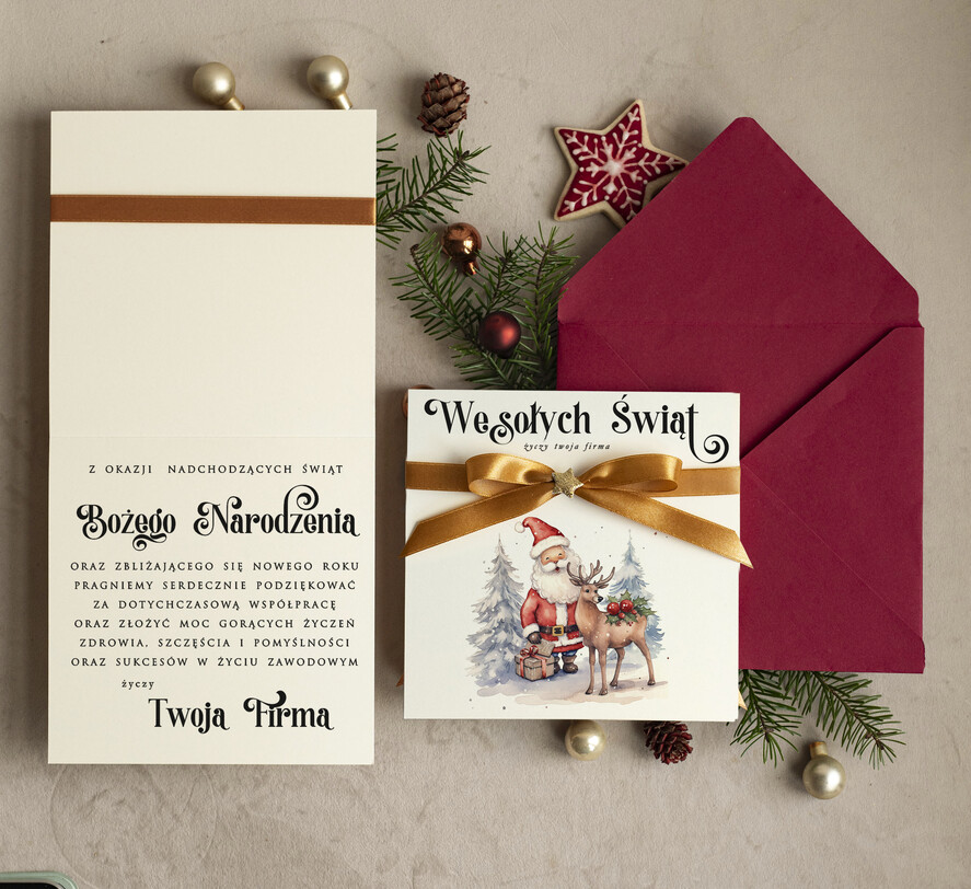 Kartki świąteczne z logo firmy Kokardki pakiety kartek świątecznych dla firm, kartki swiateczne z logo firmy, proste i eleganckie kartki dla pracowników, bozonarodzeniowe kartki świateczne z kokardką1