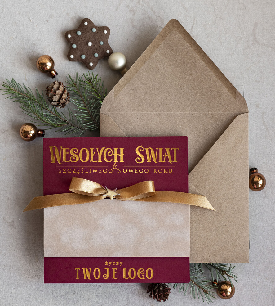 Kartki świąteczne z logo firmy Kokardki Złocone kartki na święta z logo firmy, świąteczna kartka biznesowa z kokardką i welurem, nowoczesna firmowa kartka bożonarodzeniowa0