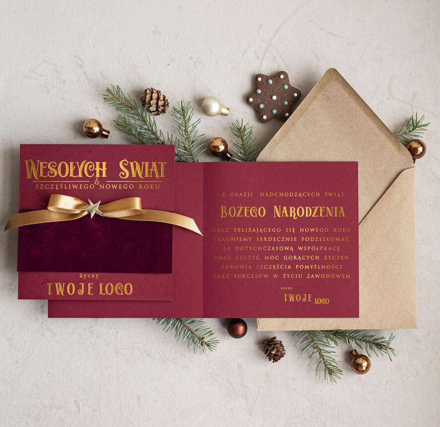 Kartki świąteczne z logo firmy Kokardki Złocone kartki na święta z logo firmy, świąteczna kartka biznesowa z kokardką i welurem, nowoczesna firmowa kartka bożonarodzeniowa1