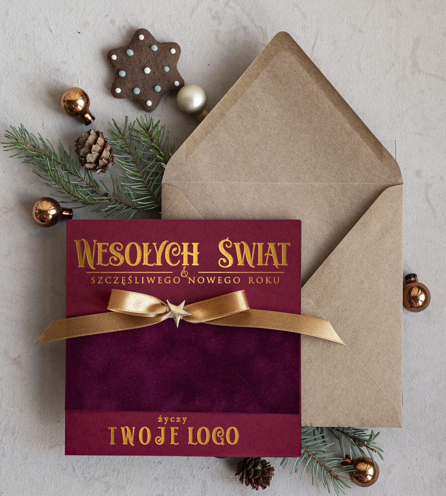 Kartki świąteczne z logo firmy Kokardki Złocone kartki na święta z logo firmy, świąteczna kartka biznesowa z kokardką i welurem, nowoczesna firmowa kartka bożonarodzeniowa0