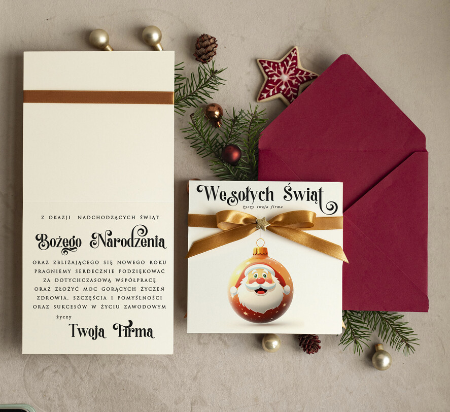 Kartki świąteczne z logo firmy Kokardki bozonarodzeniowe kartki swiateczne z logo firmy, firmowa biznesowa kartka świąteczna, eleganckie kartki świateczne z kokardką dla firm1