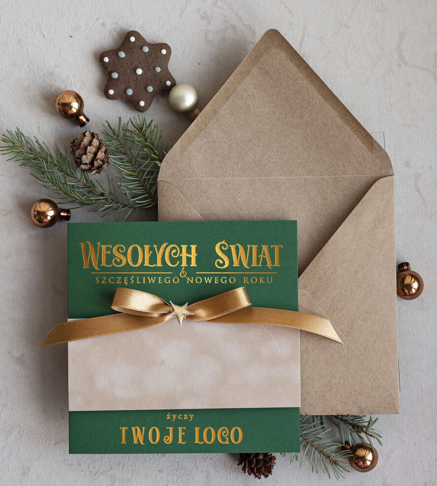 Kartki świąteczne z logo firmy Kokardki  Złocone kartki na święta z logo firmy, świąteczna kartka biznesowa z kokardką i welurem, nowoczesna firmowa kartka bożonarodzeniowa0