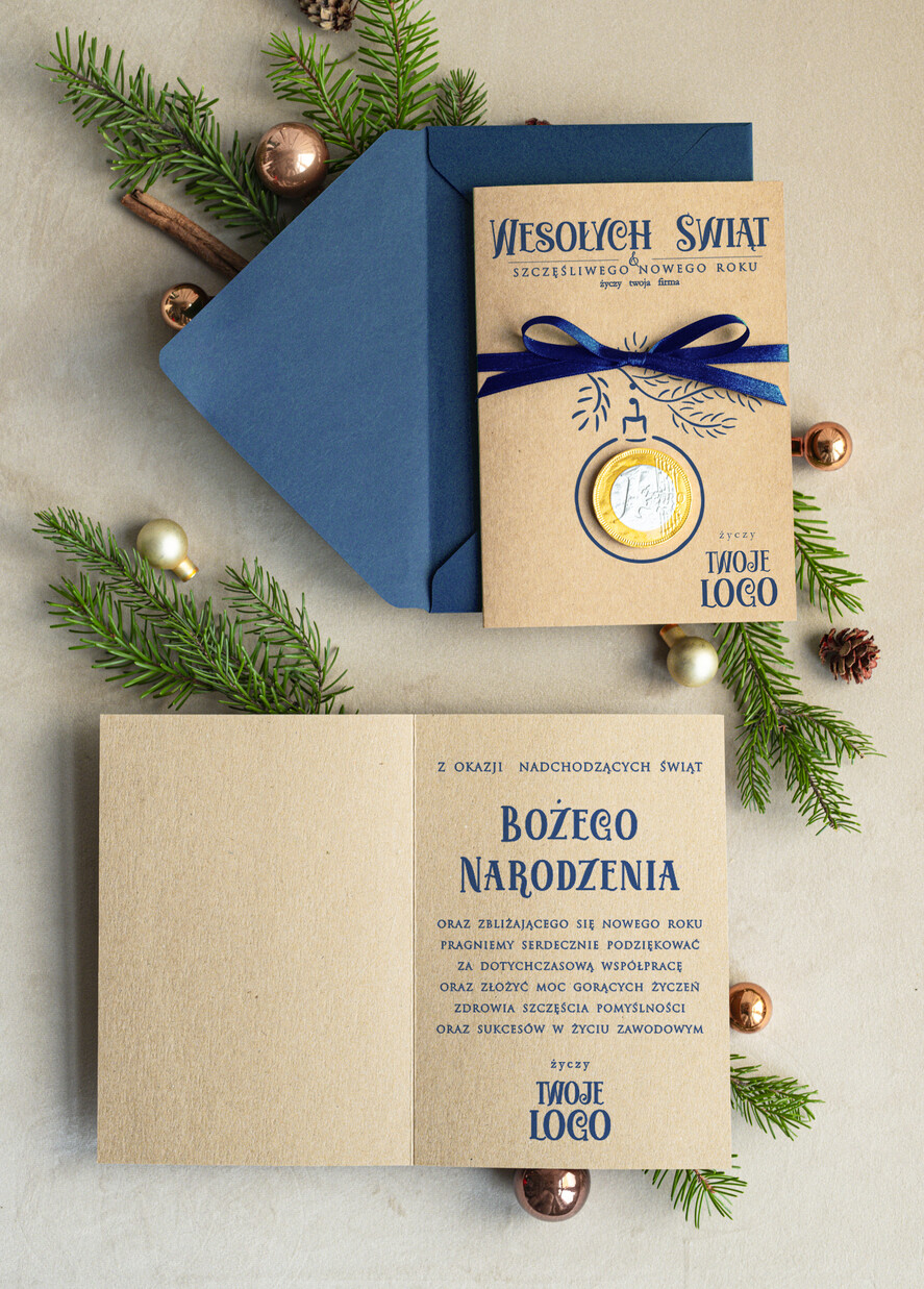 Kartki świąteczne z logo firmy natural kartka świąteczna z logo waszej firmy, ręcznie robione kartki świąteczne z czekoladką, kartki na święta bozegonarodzenia z czekoladowym pieniążkiem0