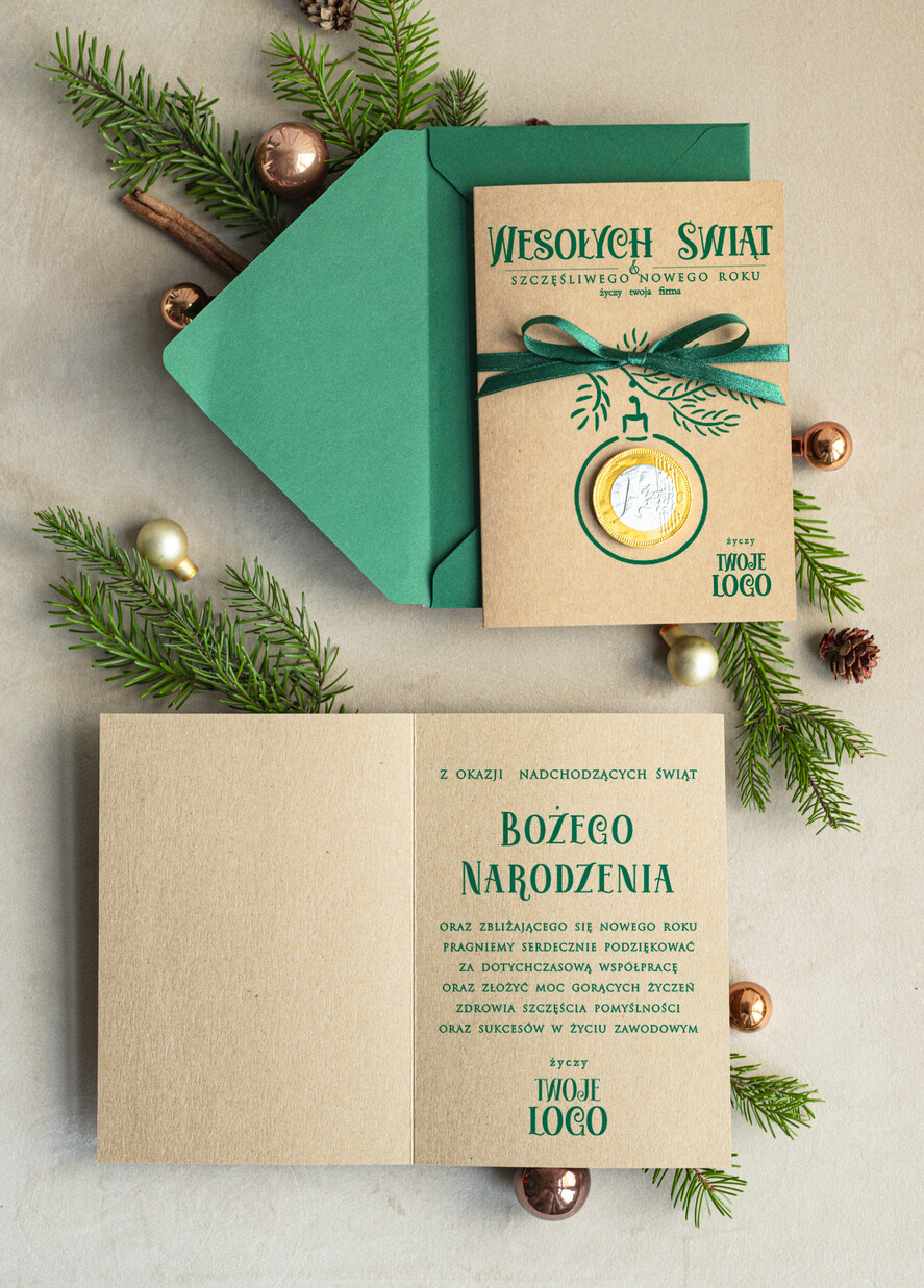Kartki świąteczne z logo firmy natural kartka świąteczna z logo waszej firmy, ręcznie robione kartki świąteczne z czekoladką, kartki na święta bozegonarodzenia z czekoladowym pieniążkiem1