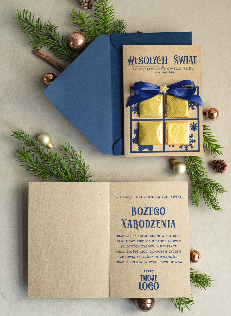 Kartki świąteczne z logo firmy natural kartka świąteczna z logo waszej firmy, ręcznie robione kartki świąteczne z czekoladką, kartki na święta bozegonarodzenia z czekoladkami0
