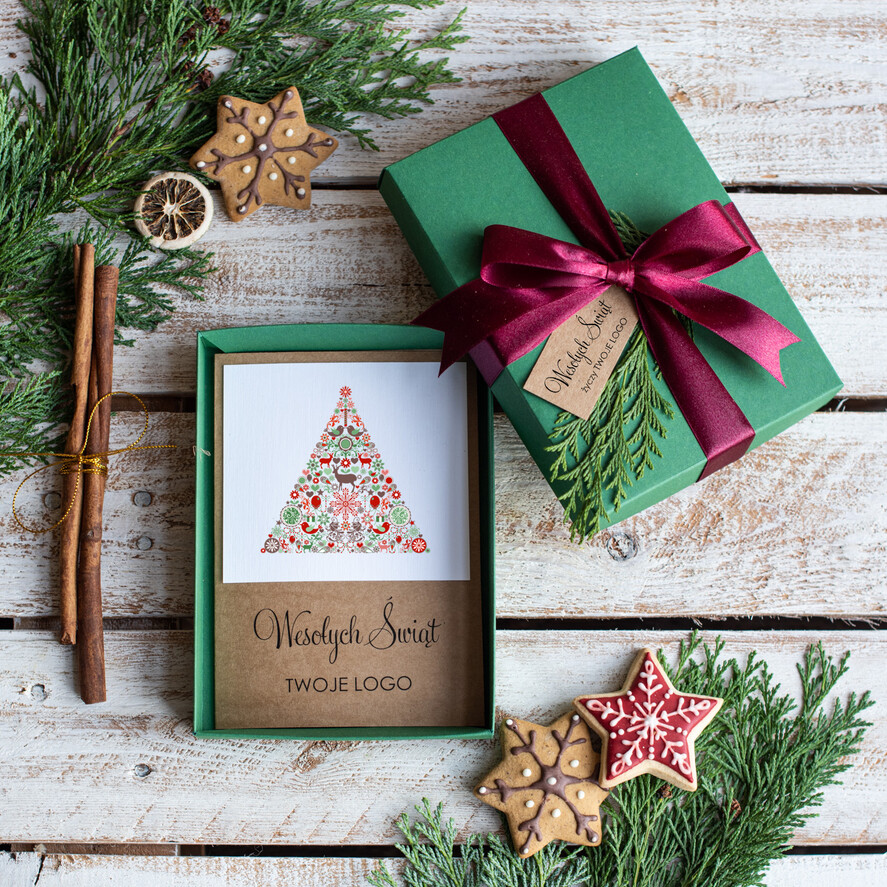 Kartki świąteczne z logo firmy kartka pudełko firmowe kartki swiateczne z logo, bożonarodzeniowe pudełka z gałązką i kartką świąteczną1