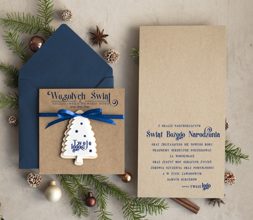 Kartki świąteczne z logo firmy z magnesem lub zawieszką na choinkę Bombka choinka zawieszka na choinkę i  kartka świateczna dla Firm, kartki swiateczne z logo, biznesowa kartka1