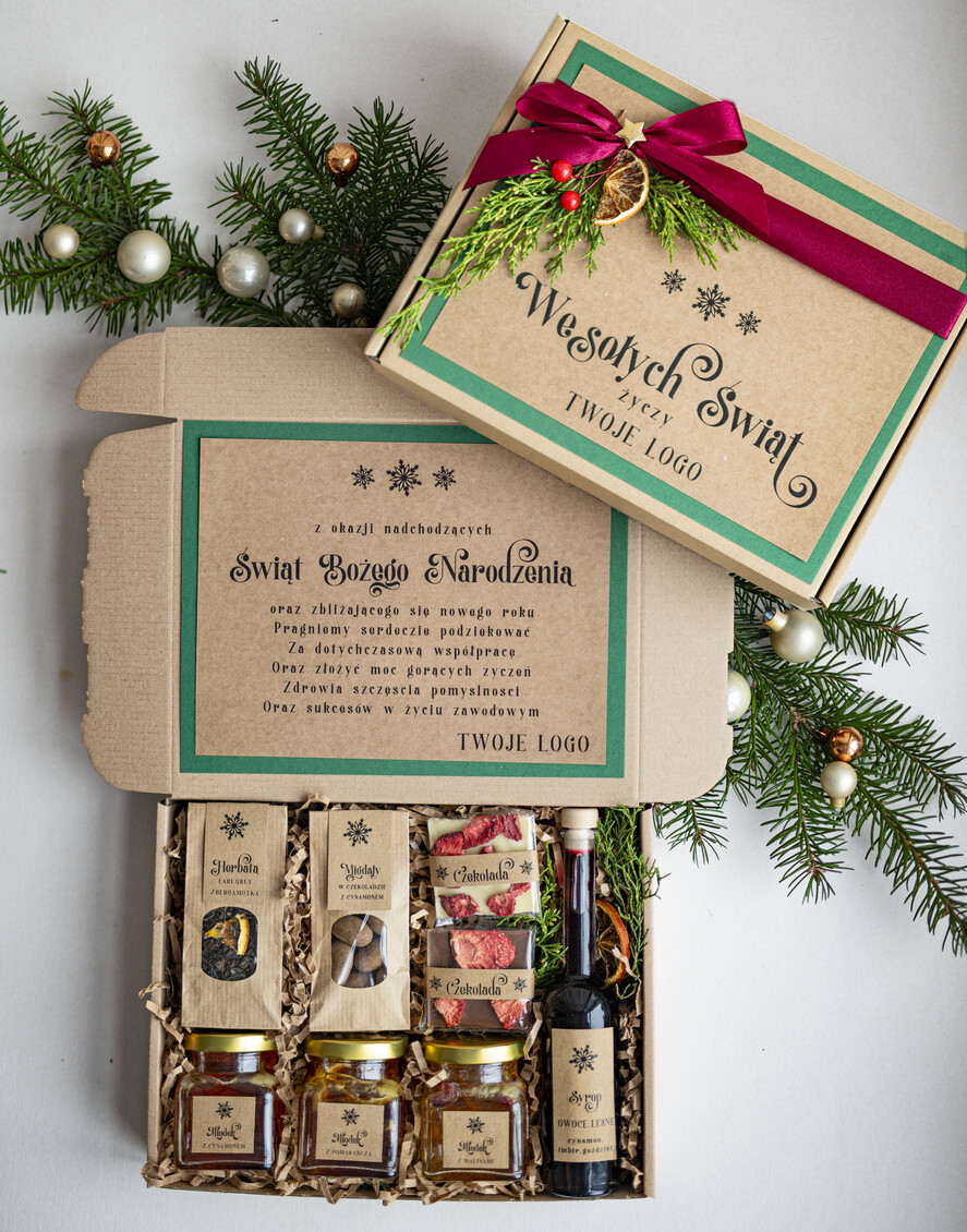 Prezenty oferta dla Firm kawa  herbata miód Miody na Prezenty na Boże Narodzenie dla klientów, bożonarodzeniowy prezent biznesowy dla firm herbata i miód, paczki na święta dla pracowników, upominek biznesowy box swiąteczny zestaw z logo 0