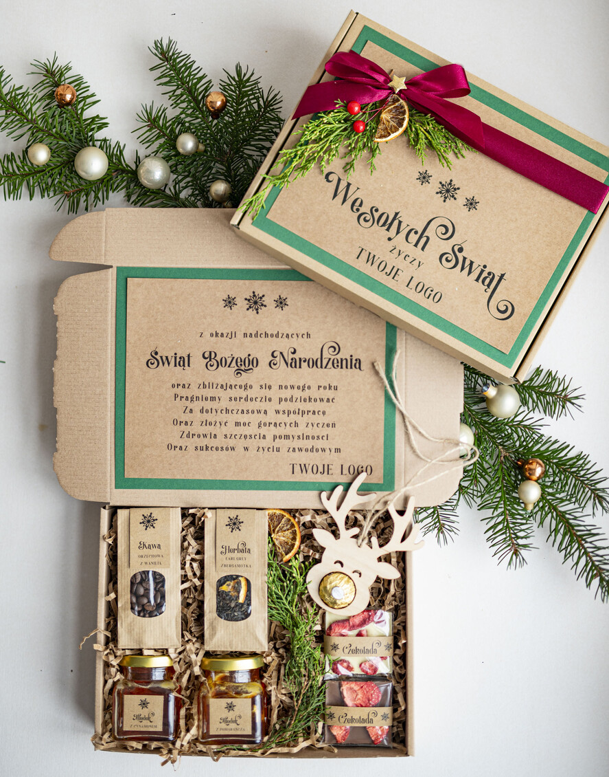 Prezenty oferta dla Firm kawa  herbata miód Miody na Prezenty na Boże Narodzenie dla klientów, bożonarodzeniowy prezent biznesowy dla firm herbata i miód, paczki na święta dla pracowników, upominek biznesowy box swiąteczny zestaw z logo 0