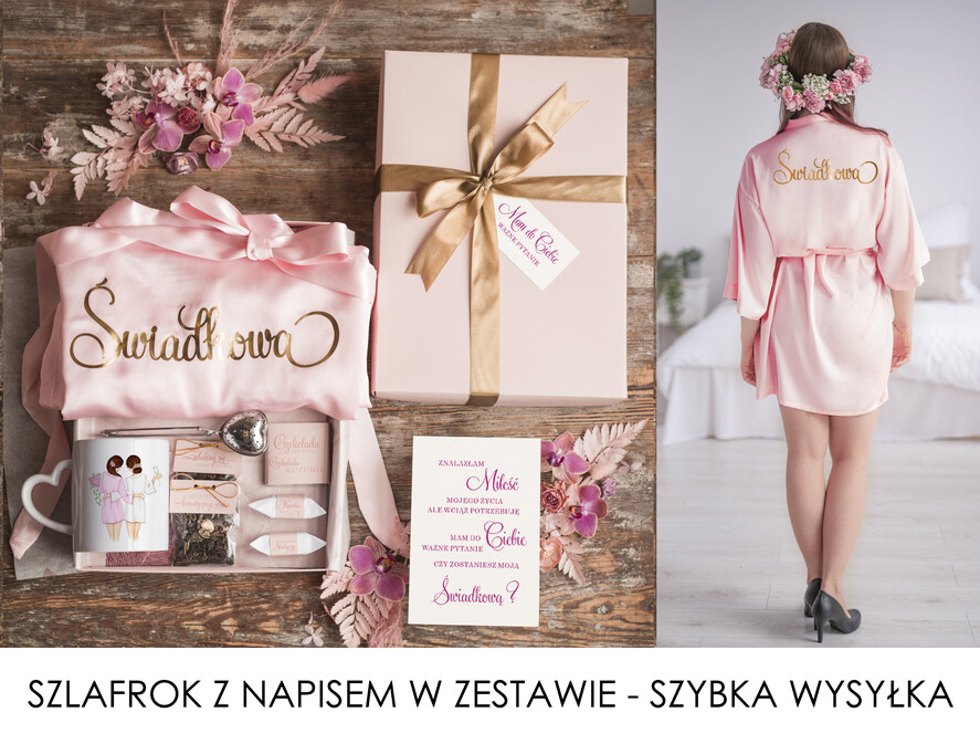 Prezenty dla świadków boxy prezentowe dla Świadkowej, prośba o świadkowanie Szlafrok dla Świadkowej ze złotym Napisem - Prośba o Świadkowanie Kubek Serduszko i zaparzacz10