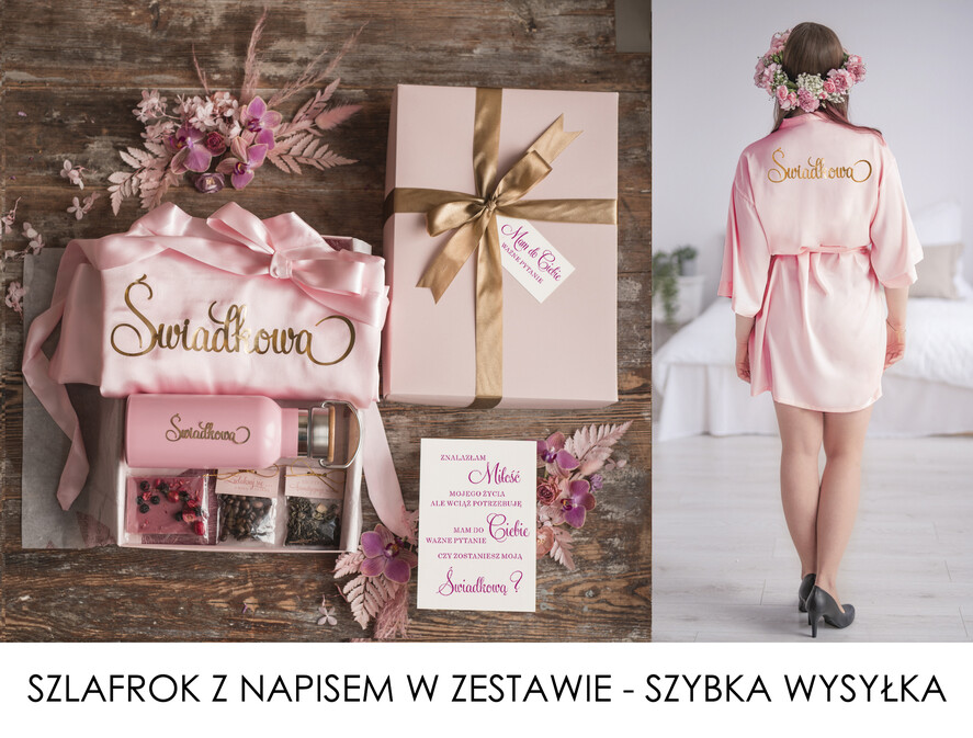 Prezenty dla świadków boxy prezentowe dla Świadkowej, prośba o świadkowanie Szlafrok dla Świadkowej ze złotym Napisem - Prośba o Świadkowanie TermoKubek Termos Kanka0