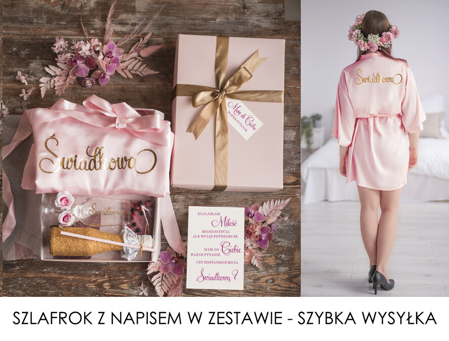 Prezenty dla świadków boxy prezentowe dla Świadkowej, prośba o świadkowanie Szlafrok dla Świadkowej ze złotym Napisem - Prośba o Świadkowanie brokatowy szampanek i kieliszek0