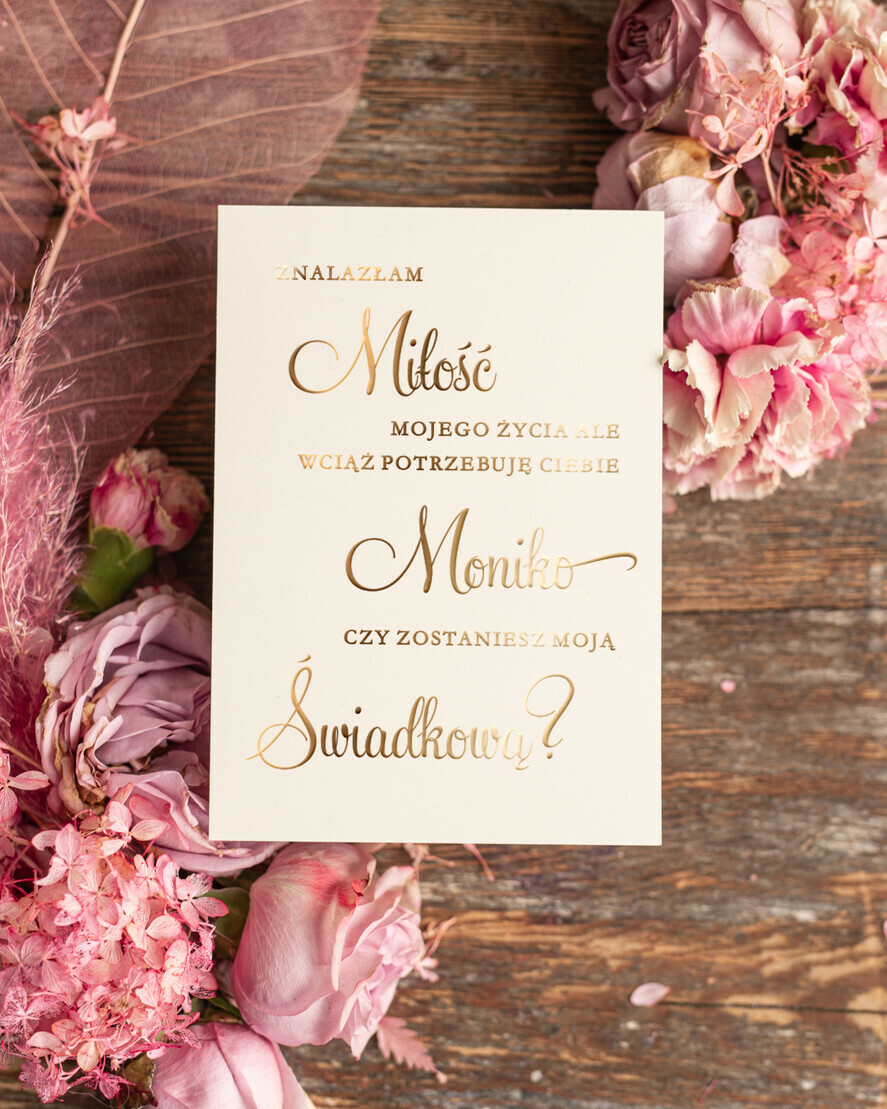 Prezenty dla świadków boxy prezentowe dla Świadkowej, prośba o świadkowanie  personalizowana Prośba o świadkowanie, Kartka papierowa jednostronna personalizowana, Złote błyszczące Napisy 0