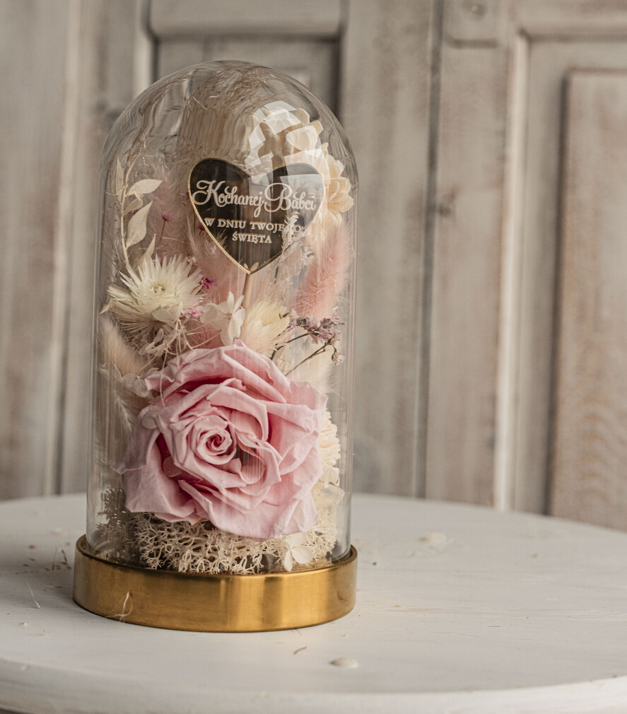 Prezenty dla Babci i Dziadka Prezenty dla Babci Prezent dla Babci flowerbox, podziekowanie dla babci różowo biały naturalny flowerbox szklana kopuła z kwiatami, suszone kwiaty w szkle, różowa wieczna róza, kwiaty w szkle 4