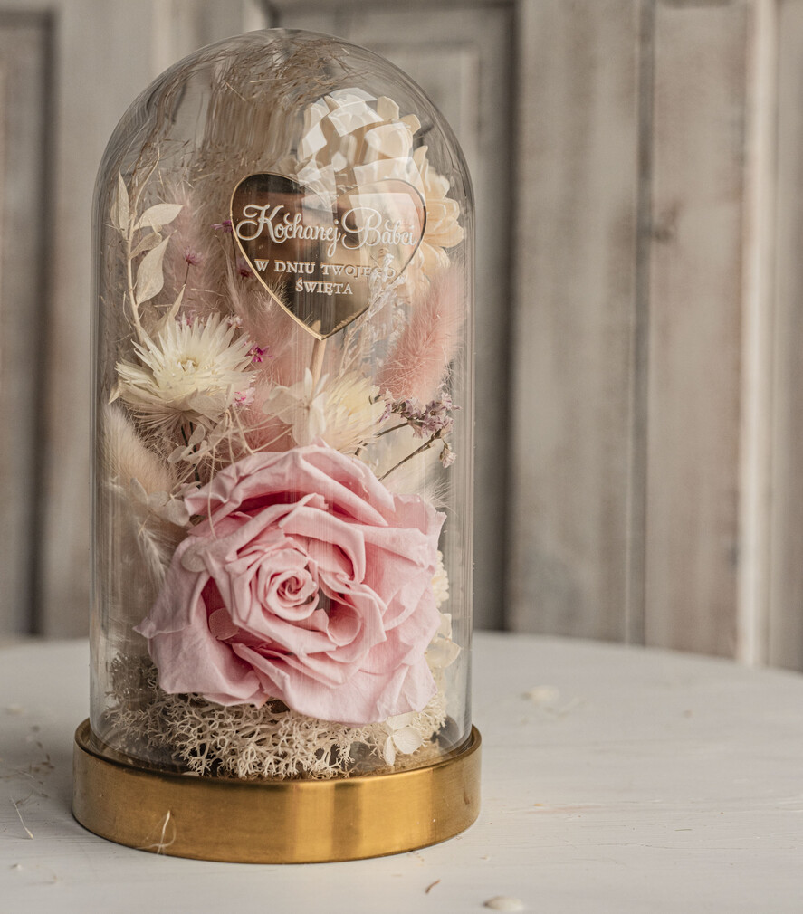 Prezenty dla Babci i Dziadka Prezenty dla Babci Prezent dla Babci flowerbox, podziekowanie dla babci różowo biały naturalny flowerbox szklana kopuła z kwiatami, suszone kwiaty w szkle, różowa wieczna róza, kwiaty w szkle 2
