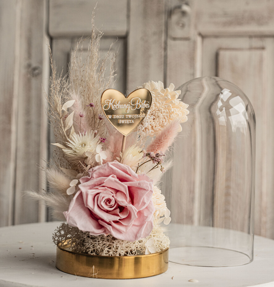 Prezenty dla Babci i Dziadka Prezenty dla Babci Prezent dla Babci flowerbox, podziekowanie dla babci różowo biały naturalny flowerbox szklana kopuła z kwiatami, suszone kwiaty w szkle, różowa wieczna róza, kwiaty w szkle 3