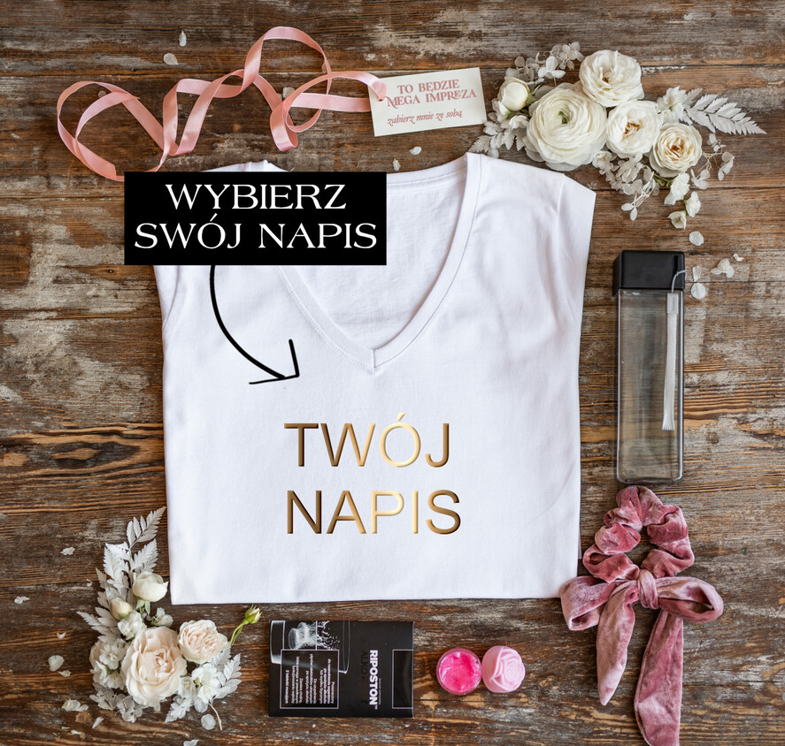 wieczór Panieński zestawy podziekowania na wieczór panieński Zestaw na wieczór Panieński - Koszulka Dowolny Napis - T-Shirt Złote litery Bidon i Frotka do włosów0
