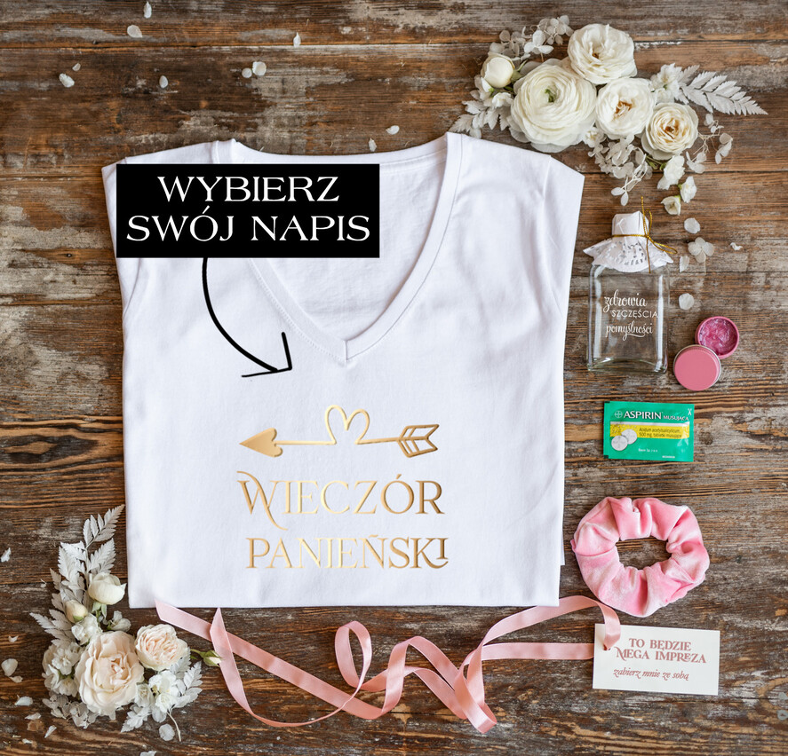 wieczór Panieński zestawy podziekowania na wieczór panieński Zestaw na wieczór Panieński - Koszulka ze Złotym Napisem Wieczór Panieński - T-Shirt Złote litery Błyszczyk i Frotka0