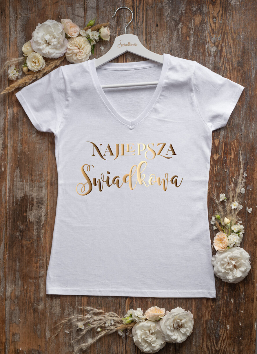 wieczór Panieński zestawy podziekowania na wieczór panieński Zestaw na wieczór Panieński - Koszulka ze Złotym Napisem Najlepsza Świadkowa - T-Shirt Złote litery - zapakowany z bilecikiem2