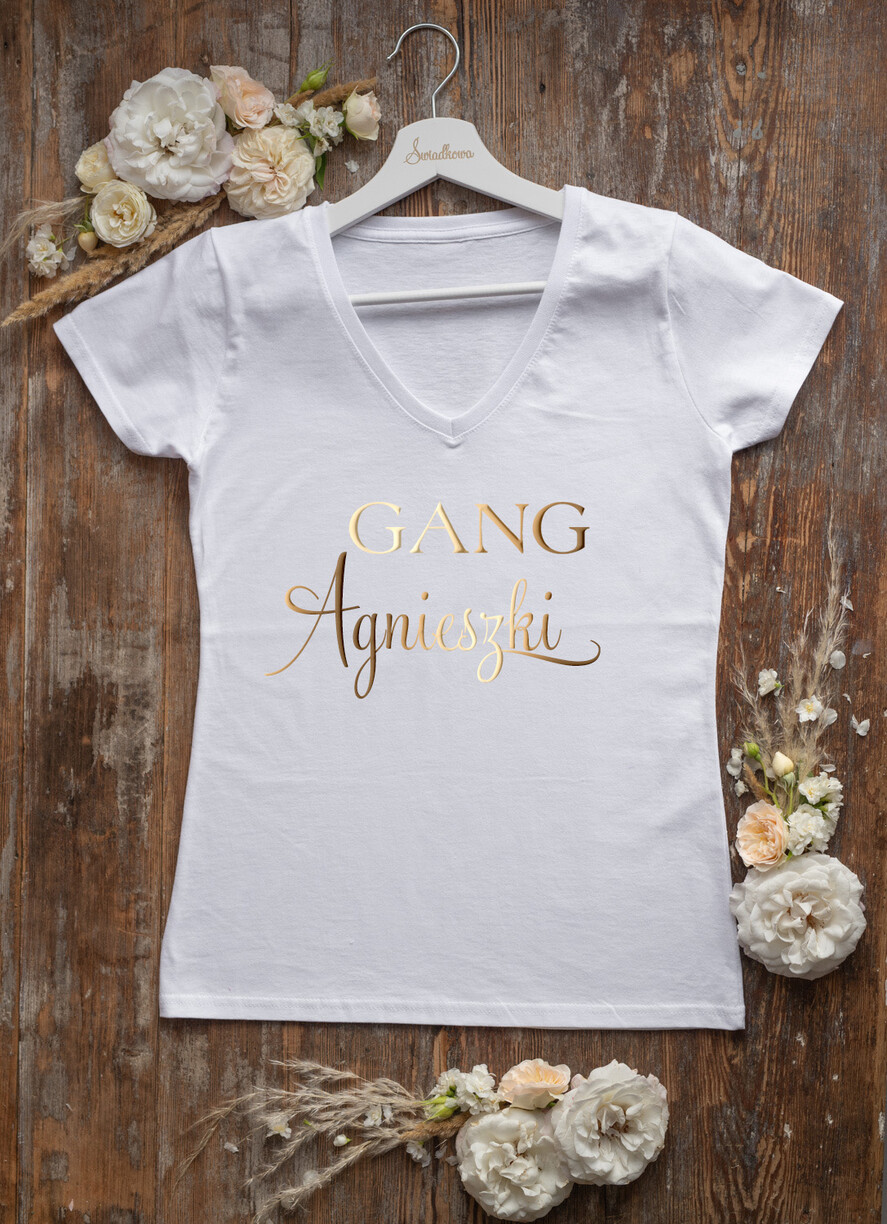 wieczór Panieński zestawy podziekowania na wieczór panieński Zestaw na wieczór Panieński - Koszulka ze Złotym Napisem Gang Agnieszki- T-Shirt Złote litery - Frotka 2