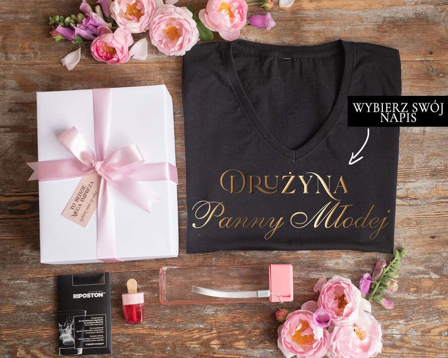 wieczór Panieński zestawy podziekowania na wieczór panieński Koszulka z Napisem na Wieczór Panieński T-shirt w zestawie Box prezentowy na panieński 0
