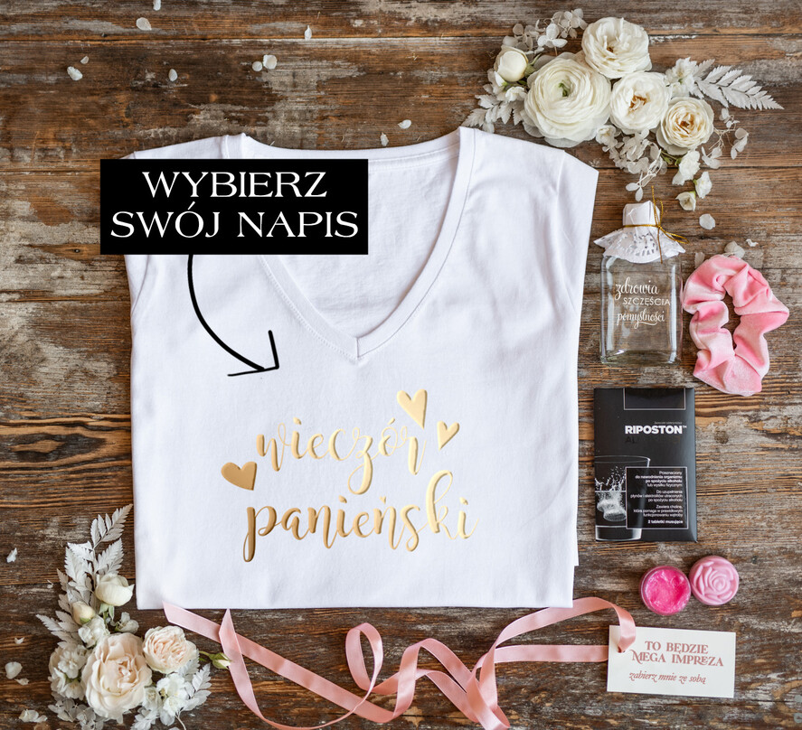 wieczór Panieński zestawy podziekowania na wieczór panieński Zestaw Prezentowy - Koszulka ze Złotym Napisem Wieczór Panieński Kacówka i Błyszczyk do Ust 0