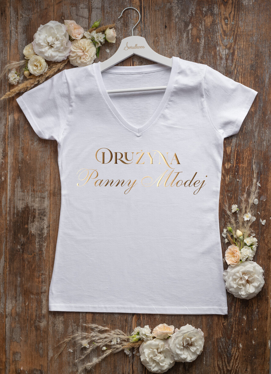 wieczór Panieński zestawy podziekowania na wieczór panieński Zestaw na wieczór Panieński - Koszulka ze Złotym Napisem Drużyna Panny Młodej - T-Shirt Złote litery - zapakowany z bilecikiem2