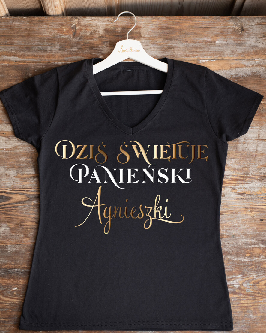 Prezenty dla Panny Młodej Koszulka na Wieczór panieński Presonalizowana Koszulka z Napisem na Wieczór Panieński T-shirt Złoty Napis Dziś świętuję Wieczór Panieński0