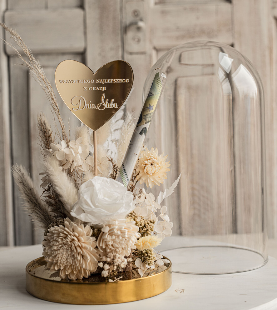 Prezenty dla Młodej Pary flowerbox, kartki z życzeniami, pudełka na prezenty prezenty z okazji ślubu dla Pary Młodej, kwiaty w szklanej kopule, kompozycja kwiatowa w szklanej kopule, fiolka na pieniądze dla młodej pary, suszone kwiaty w szkle5
