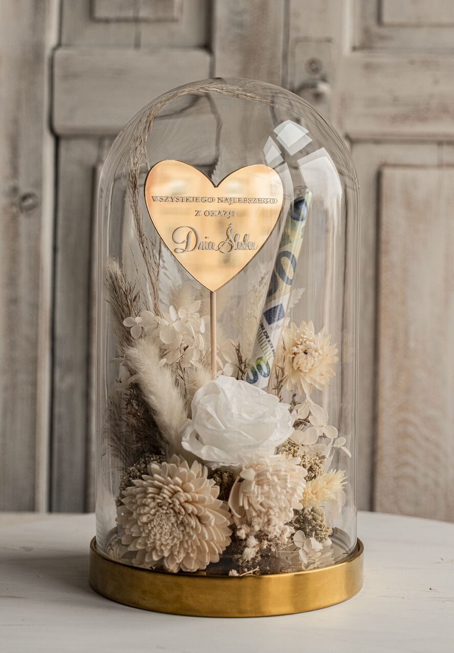 Prezenty dla Młodej Pary flowerbox, kartki z życzeniami, pudełka na prezenty prezenty z okazji ślubu dla Pary Młodej, kwiaty w szklanej kopule, kompozycja kwiatowa w szklanej kopule, fiolka na pieniądze dla młodej pary, suszone kwiaty w szkle12
