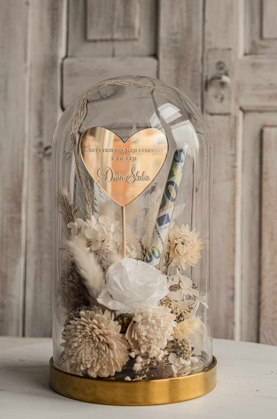 Prezenty dla Młodej Pary flowerbox, kartki z życzeniami, pudełka na prezenty prezenty z okazji ślubu dla Pary Młodej, kwiaty w szklanej kopule, kompozycja kwiatowa w szklanej kopule, fiolka na pieniądze dla młodej pary, suszone kwiaty w szkle11