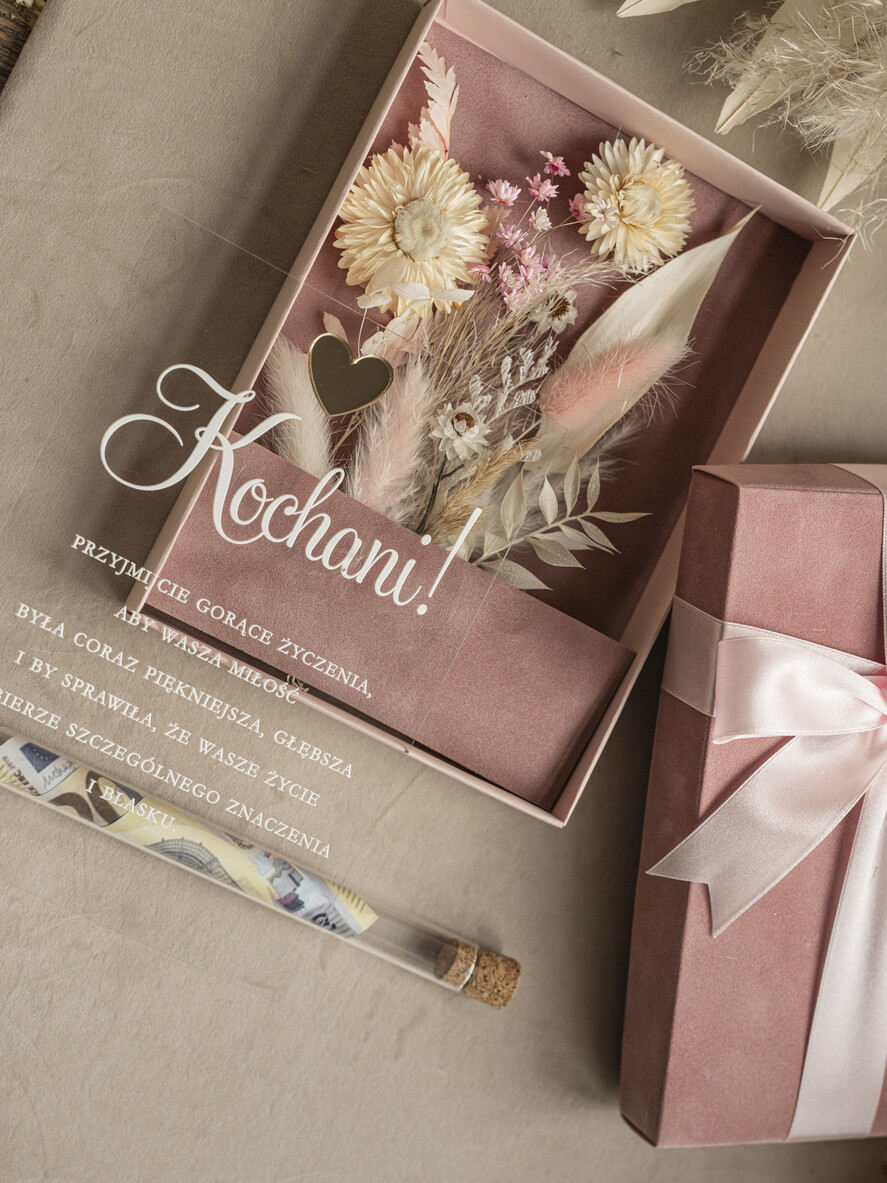 Prezenty dla Młodej Pary flowerbox, kartki z życzeniami, pudełka na prezenty Welurowe pudełko na pieniądze dla Młodej Pary, Pamiątka Ślubu wraz z zyczeniami pudełko na pieniądze dla Nowożeńców, pleksowa kartka z życzeniami3