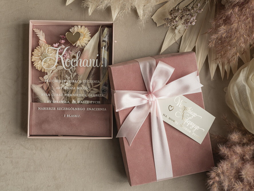 Prezenty dla Młodej Pary flowerbox, kartki z życzeniami, pudełka na prezenty Welurowe pudełko na pieniądze dla Młodej Pary, Pamiątka Ślubu wraz z zyczeniami pudełko na pieniądze dla Nowożeńców, pleksowa kartka z życzeniami5