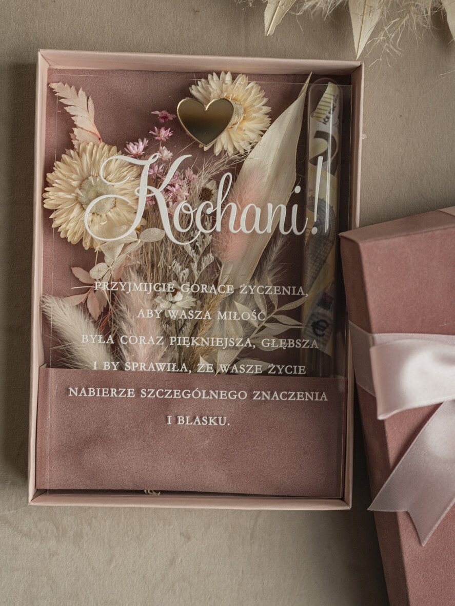 Prezenty dla Młodej Pary flowerbox, kartki z życzeniami, pudełka na prezenty Welurowe pudełko na pieniądze dla Młodej Pary, Pamiątka Ślubu wraz z zyczeniami pudełko na pieniądze dla Nowożeńców, pleksowa kartka z życzeniami6