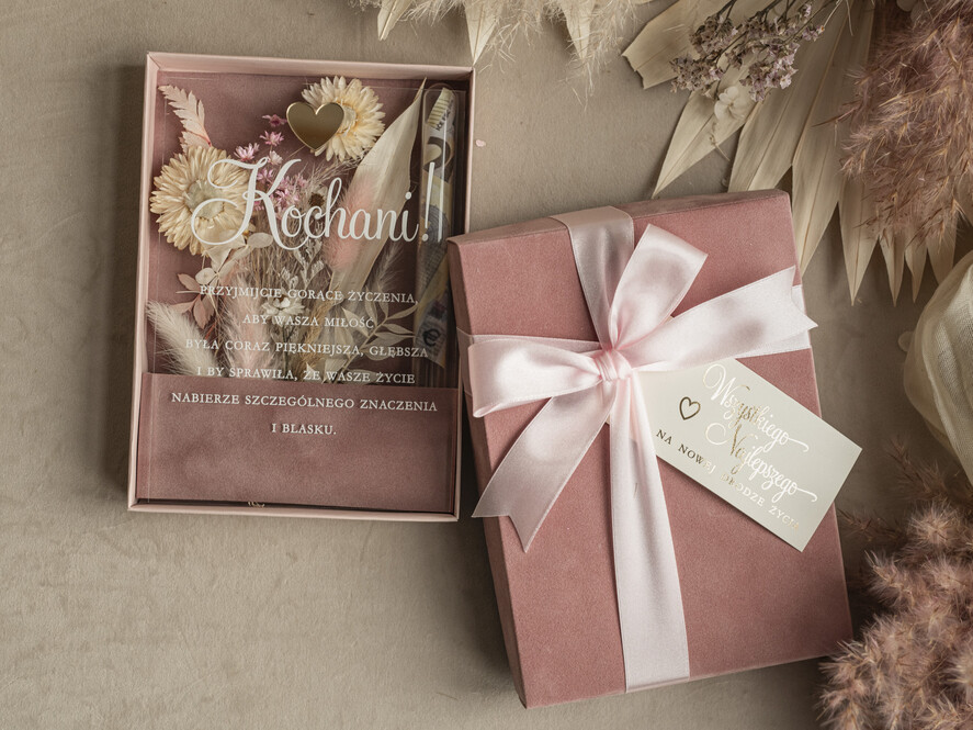 Prezenty dla Młodej Pary flowerbox, kartki z życzeniami, pudełka na prezenty Welurowe pudełko na pieniądze dla Młodej Pary, Pamiątka Ślubu wraz z zyczeniami pudełko na pieniądze dla Nowożeńców, pleksowa kartka z życzeniami7