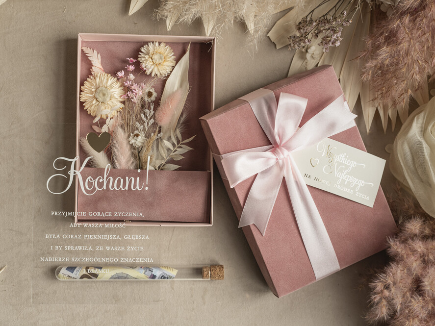 Prezenty dla Młodej Pary flowerbox, kartki z życzeniami, pudełka na prezenty Welurowe pudełko na pieniądze dla Młodej Pary, Pamiątka Ślubu wraz z zyczeniami pudełko na pieniądze dla Nowożeńców, pleksowa kartka z życzeniami0