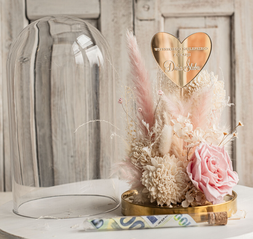 Prezenty dla Młodej Pary flowerbox, kartki z życzeniami, pudełka na prezenty Pomysł na prezent ślubny dla Młodej Pary, pomysł na wręczenie pieniędzy Młodej Parze, co zamiast kwiatów fiolka na pieniądze, kwiaty w szkle, suszone kwiaty w kopule6