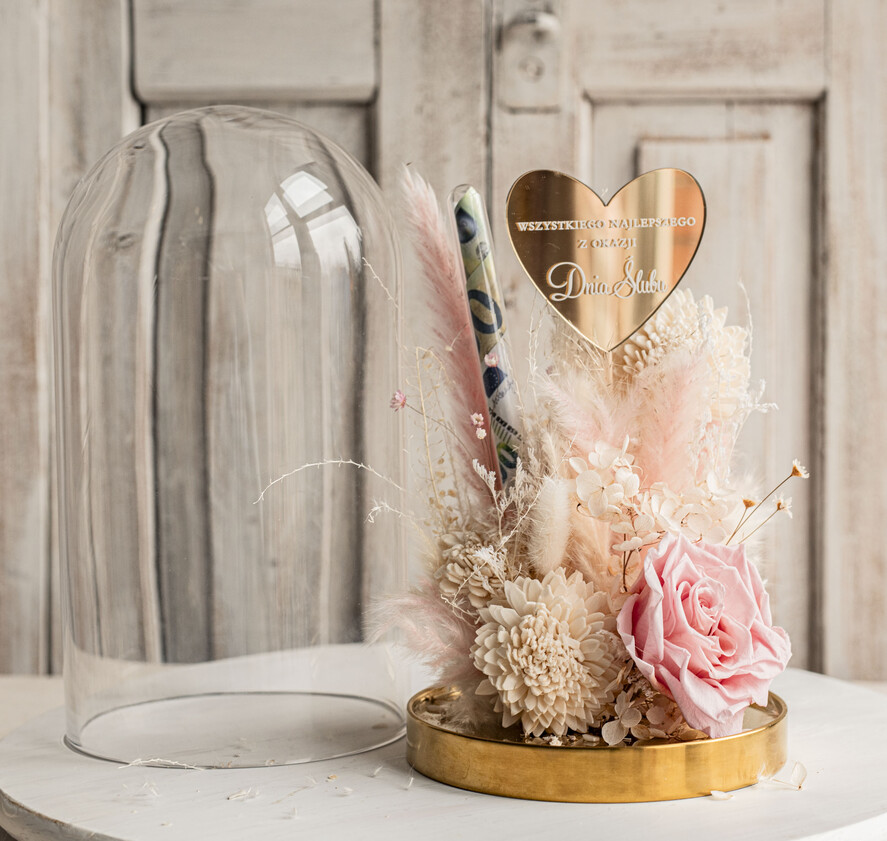 Prezenty dla Młodej Pary flowerbox, kartki z życzeniami, pudełka na prezenty Pomysł na prezent ślubny dla Młodej Pary, pomysł na wręczenie pieniędzy Młodej Parze, co zamiast kwiatów fiolka na pieniądze, kwiaty w szkle, suszone kwiaty w kopule11