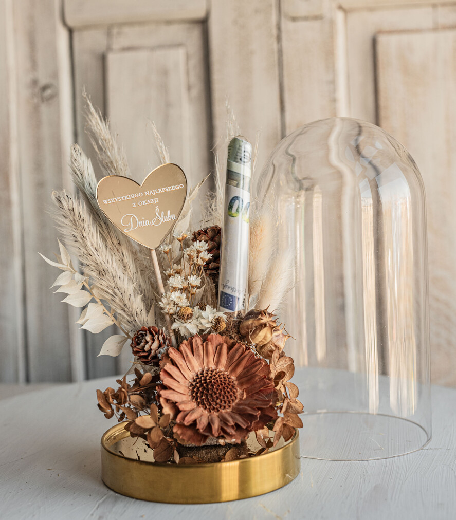 Prezenty dla Młodej Pary flowerbox, kartki z życzeniami, pudełka na prezenty prezenty z okazji ślubu dla Pary Młodej, kwiaty w szklanej kopule, kompozycja kwiatowa w szklanej kopule, fiolka na pieniądze dla młodej pary, suszone kwiaty w szkle1