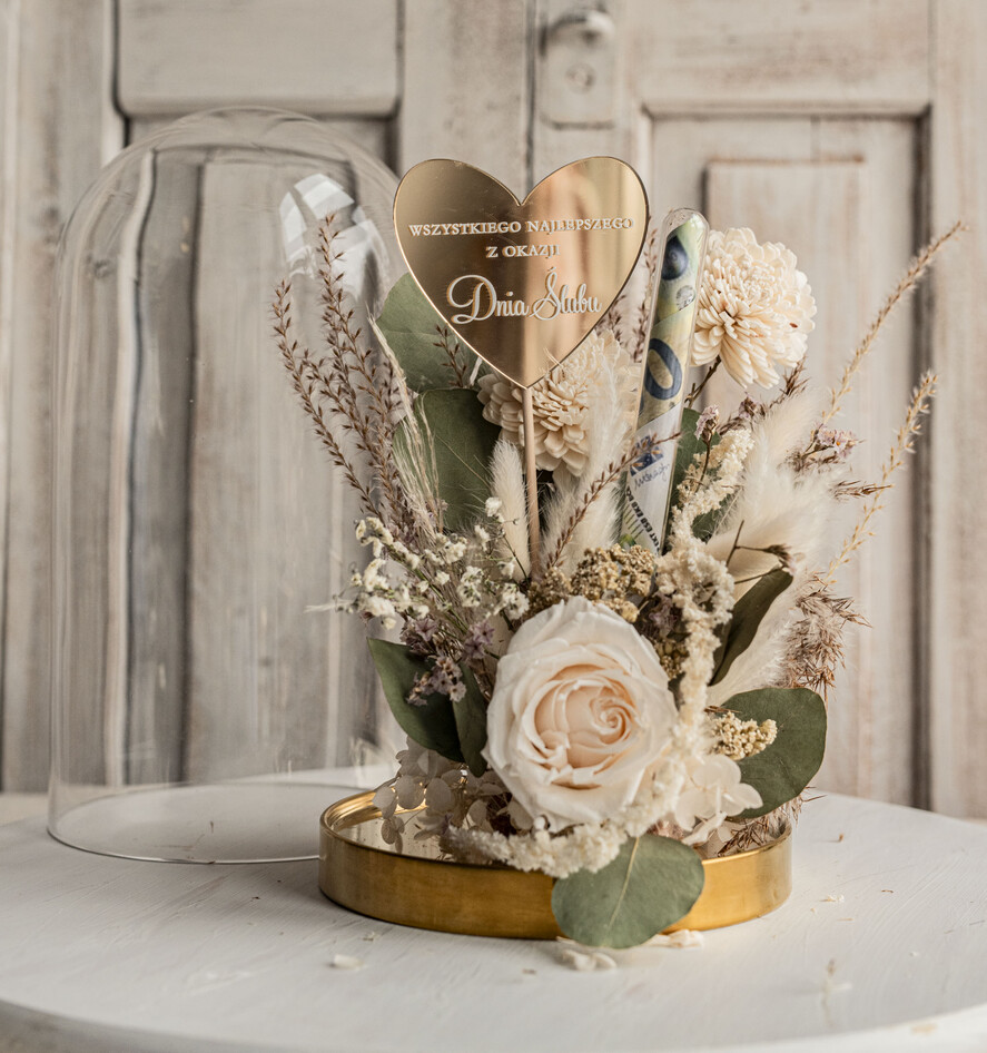 Prezenty dla Młodej Pary flowerbox, kartki z życzeniami, pudełka na prezenty Pomysł na prezent ślubny dla Młodej Pary, pomysł na wręczenie pieniędzy Młodej Parze, co zamiast kwiatów fiolka na pieniądze, kwiaty w szkle, suszone kwiaty w kopule10