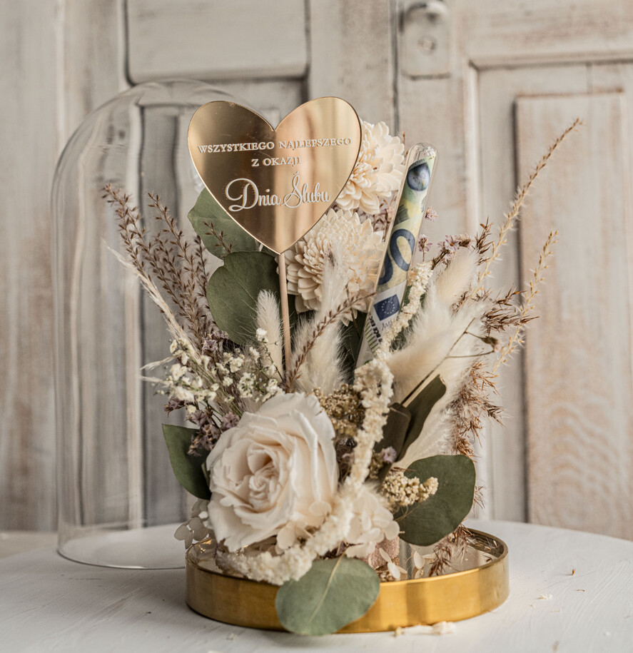 Prezenty dla Młodej Pary flowerbox, kartki z życzeniami, pudełka na prezenty Pomysł na prezent ślubny dla Młodej Pary, pomysł na wręczenie pieniędzy Młodej Parze, co zamiast kwiatów fiolka na pieniądze, kwiaty w szkle, suszone kwiaty w kopule5